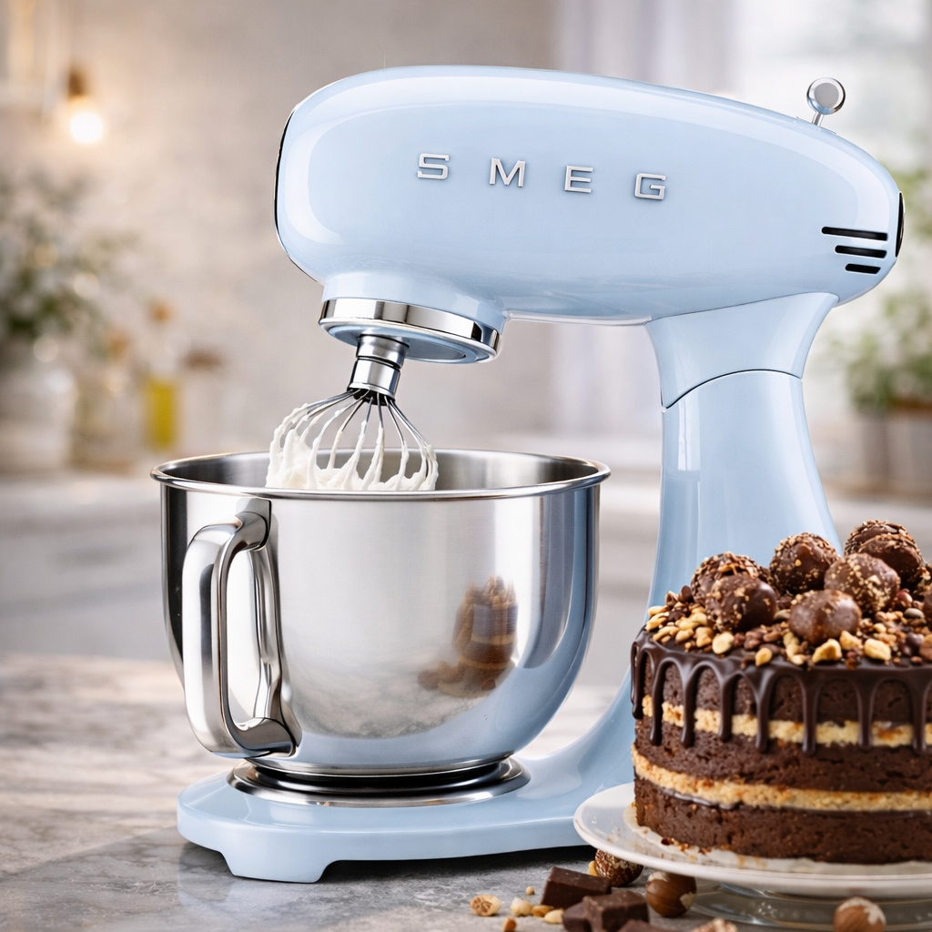 SMEG Küchenmaschine hellblau mit Rührbesen und Schokoladenkuchen für Backen