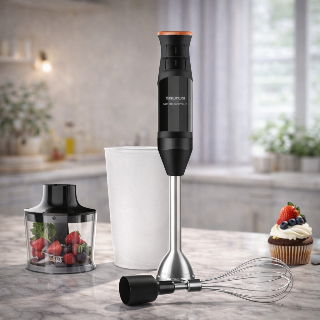 Stabmixer mit Zerkleinerer bereitet frische Früchte für Smoothies und Snacks zu