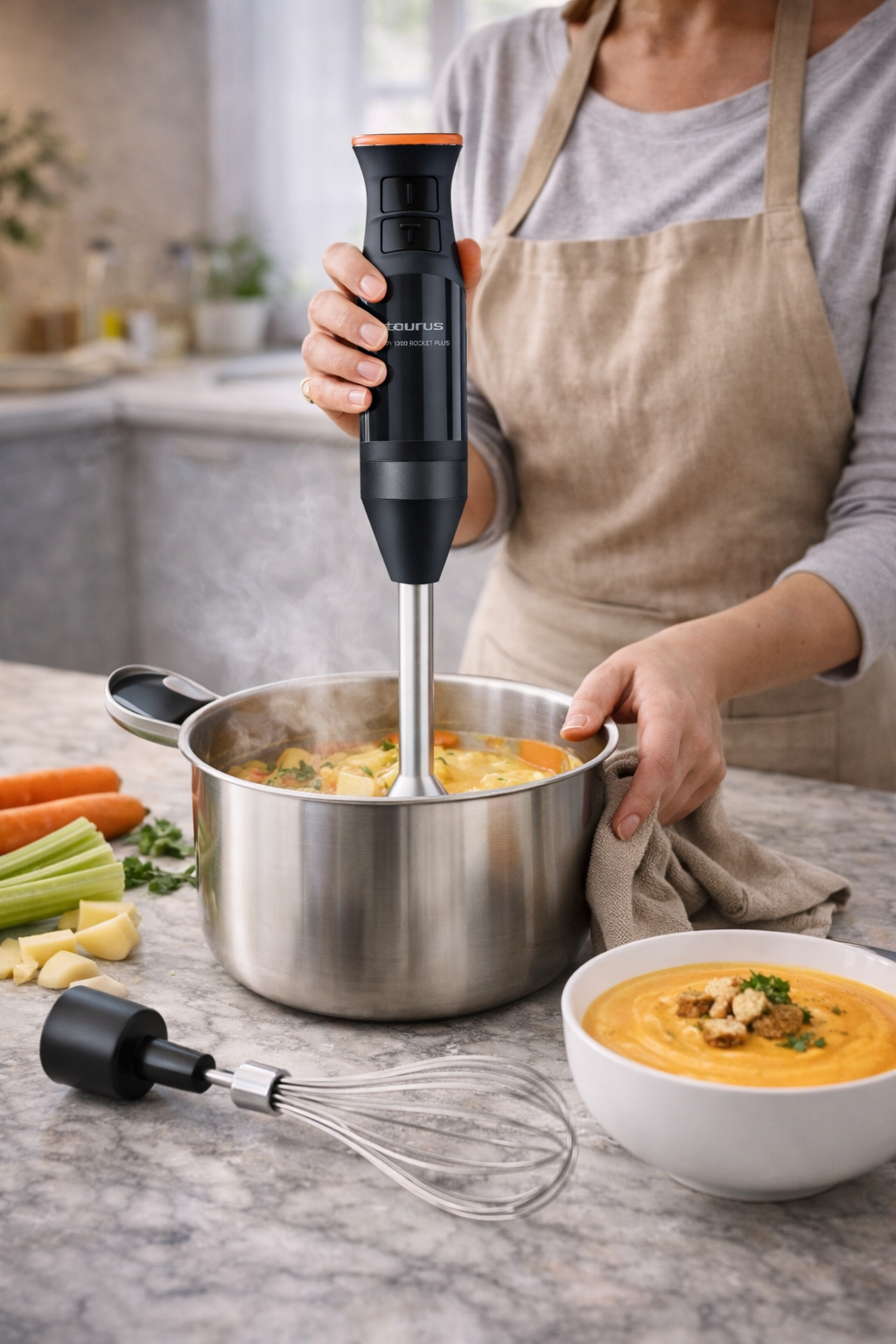Handmixer Taurus 1200W beim Mixen von Früchten in der Küche mit Zubehörbehälter