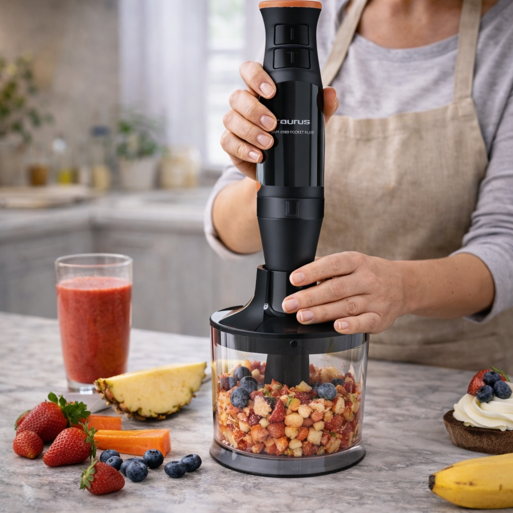 Leistungsstarker Taurus Stabmixer mit Zerkleinerer, verarbeitet frisches Obst für Smoothies und Desser