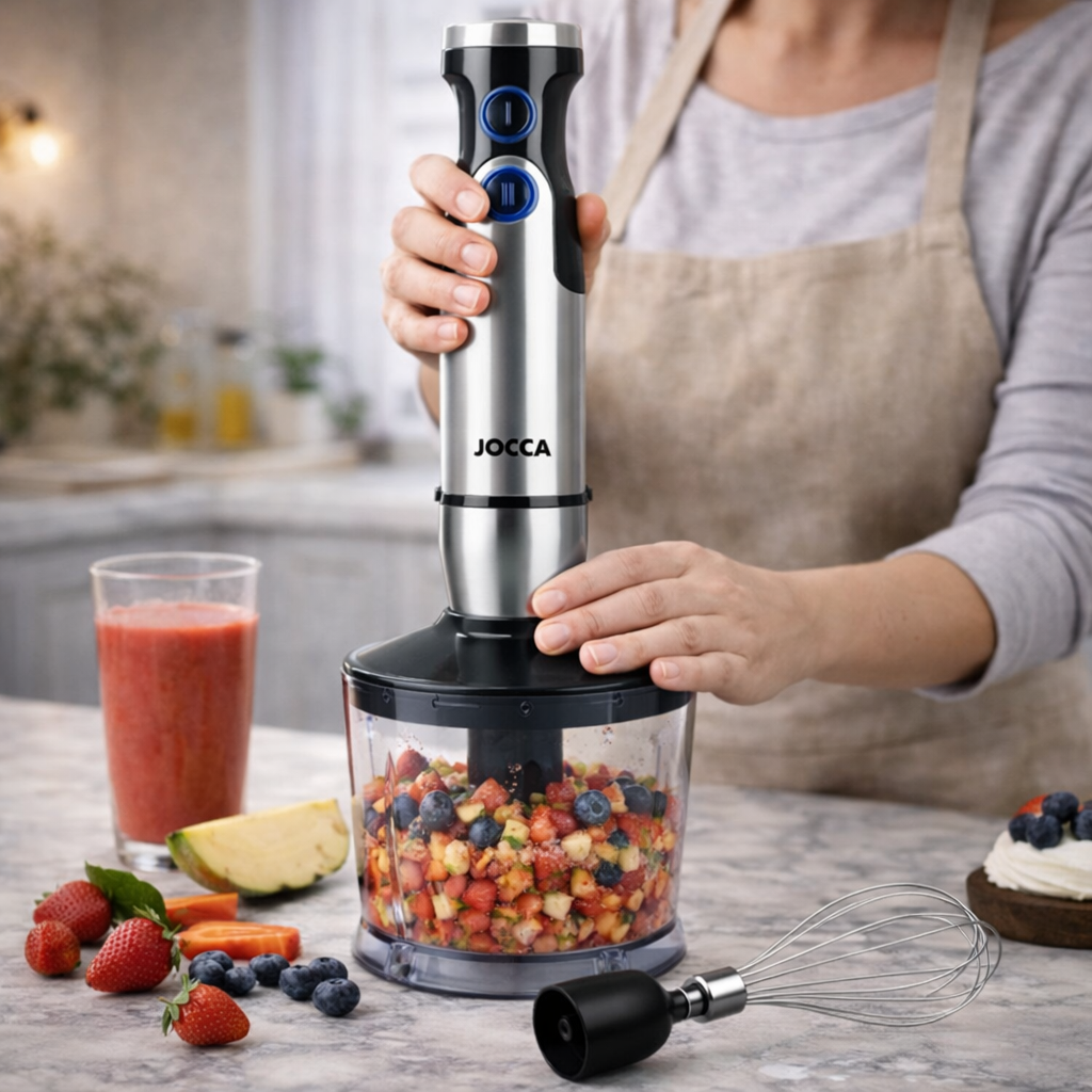 JOCCA Stabmixer beim Zerkleinern von frischem Obst für Smoothies und gesunde Rezepte in der Küche
