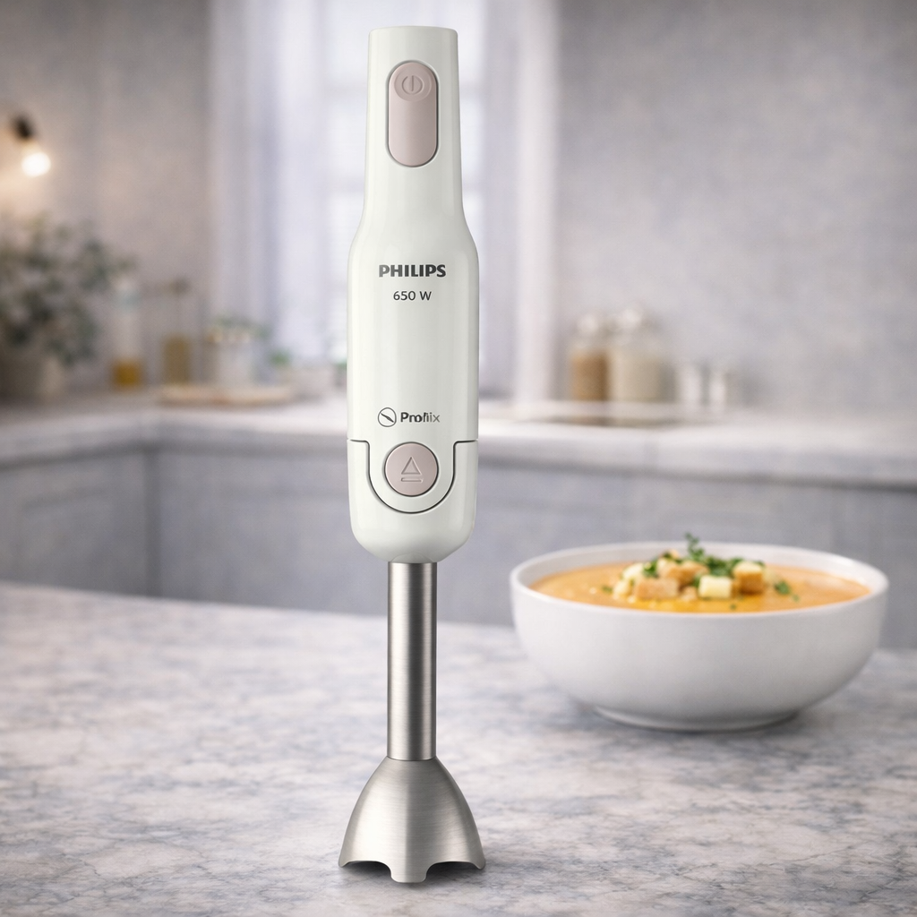 Philips 650W Stabmixer mit Edelstahlstab auf Küchenarbeitsplatte neben Suppe