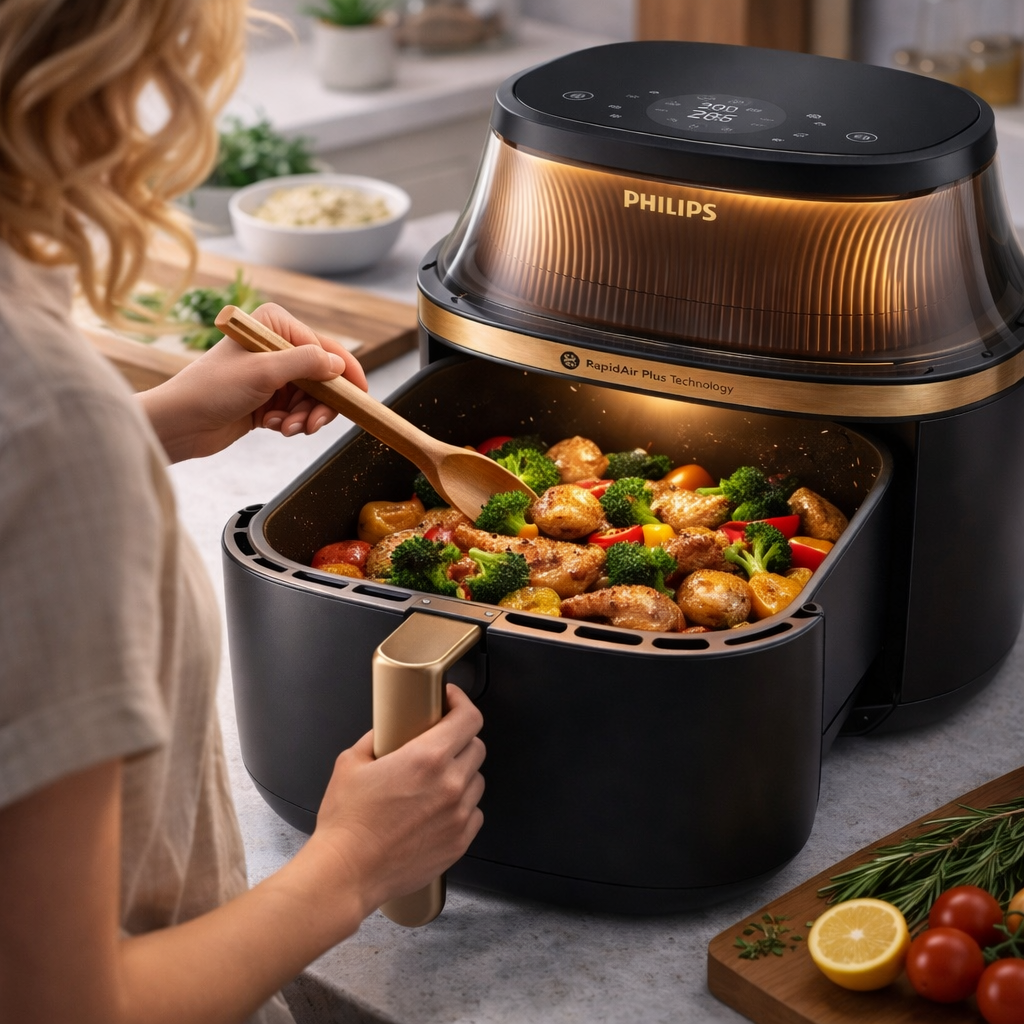 Moderne Philips Heißluftfritteuse mit Touch Display für gesundes Kochen und einfache Zubereitung frischer Speisen

