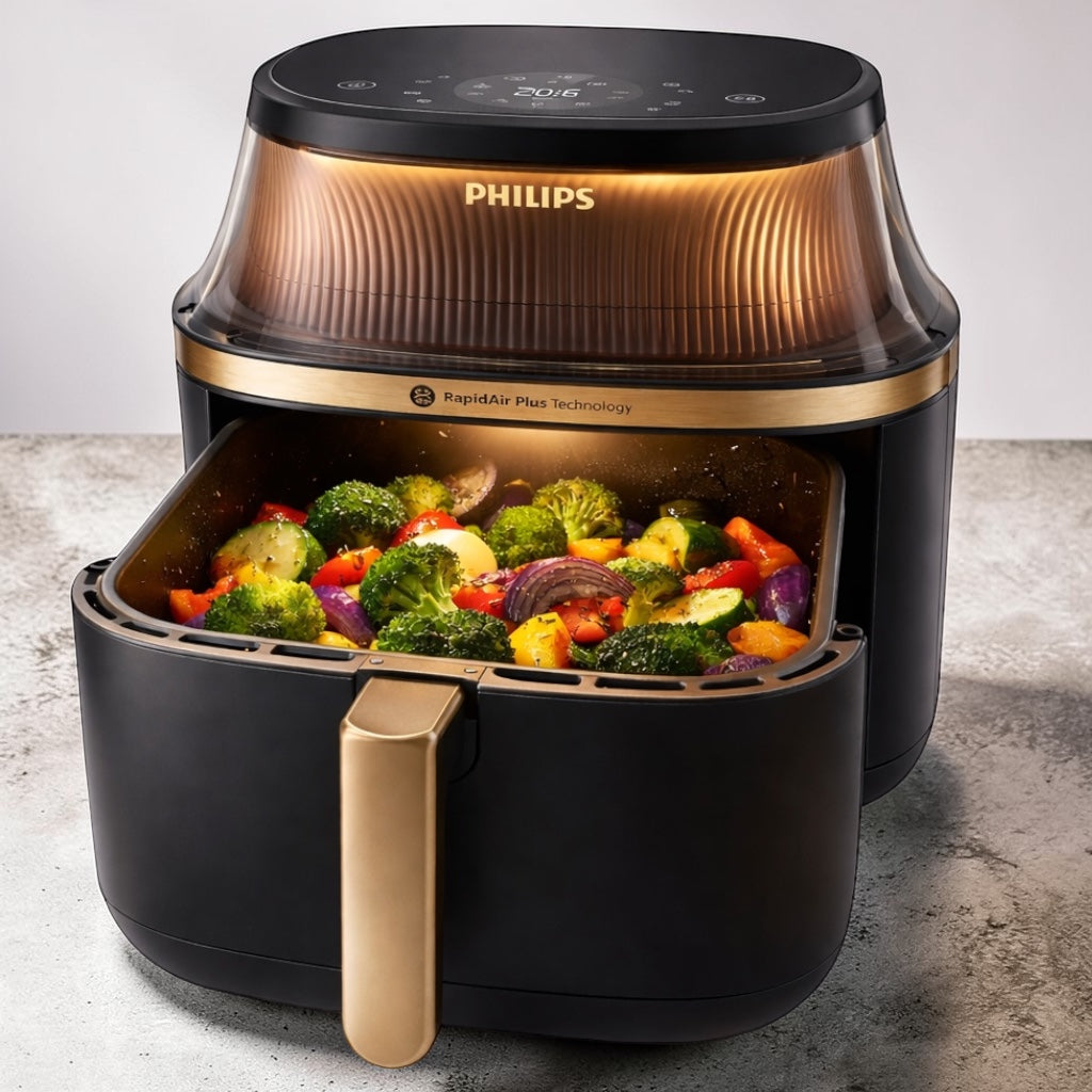 Philips Airfryer mit RapidAir Plus Technologie für gleichmäßiges und fettarmes Garen von Gemüse ohne Öl
