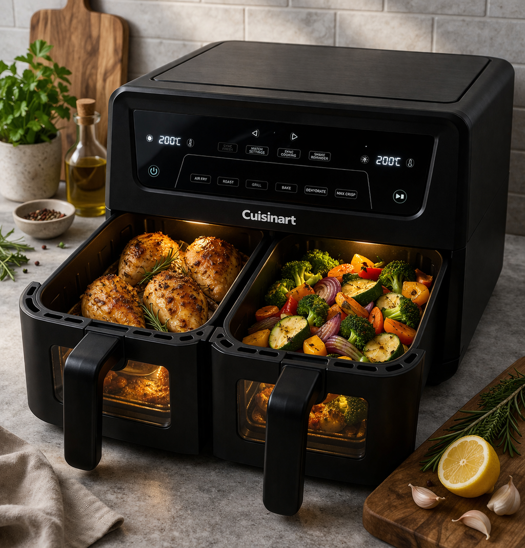 Moderne Doppel Air Fryer mit zwei Fächern und Touch Display für gesundes Kochen und perfekte Ergebnisse
