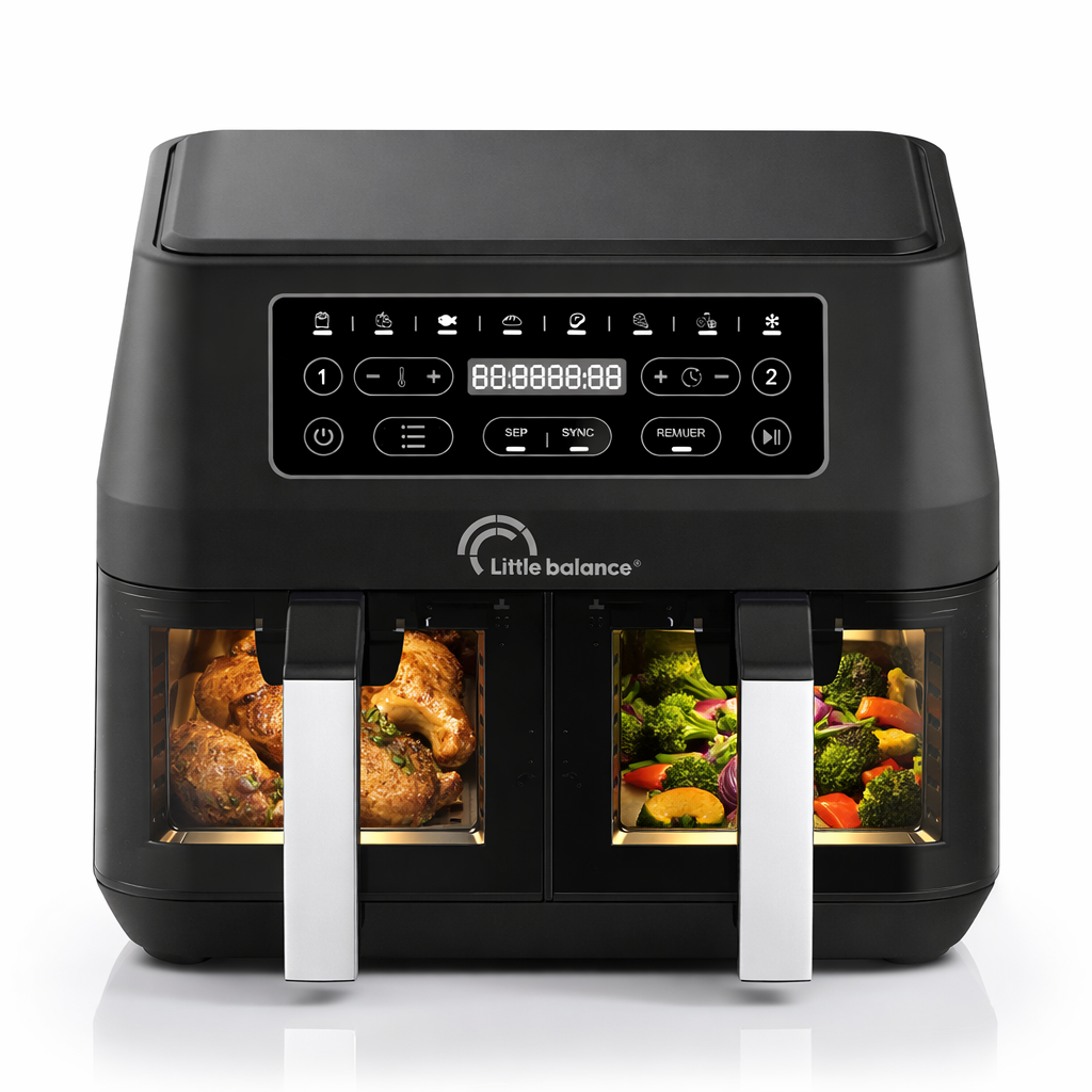 Little Balance Heißluftfritteuse Dual Zone mit zwei Körben und Sichtfenster für gleichzeitiges Kochen ohne Öl
