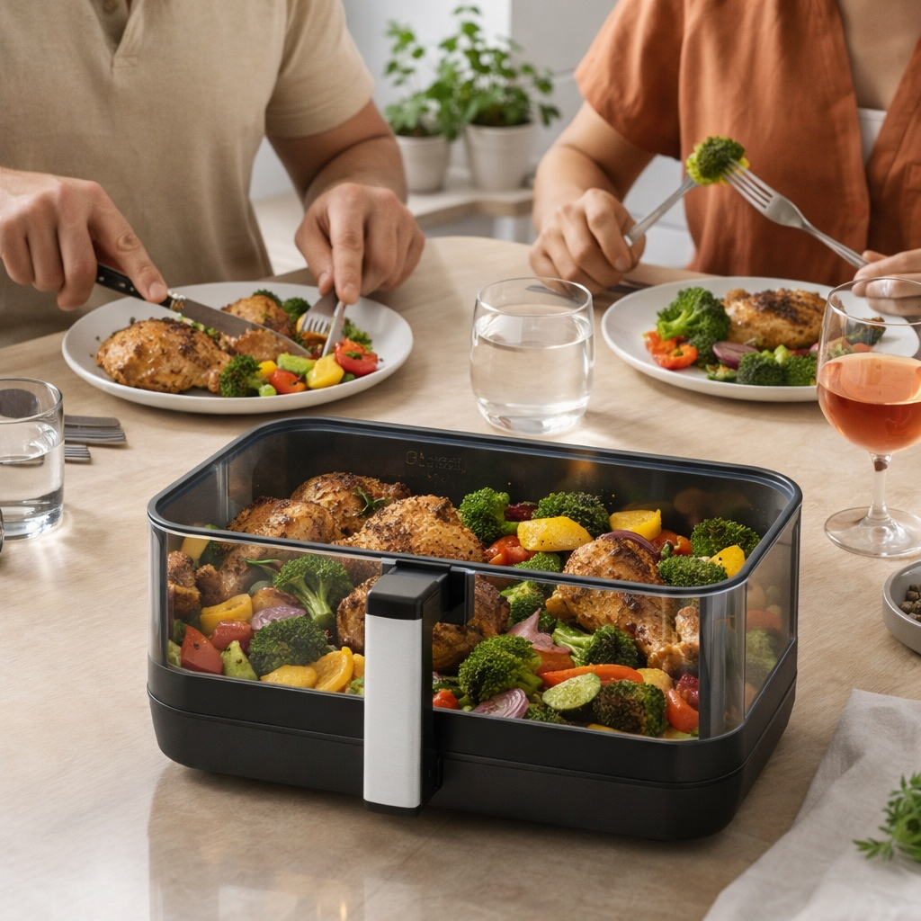Air Fryer mit zwei Fächern und Fenster für perfekte Kontrolle beim fettarmen Kochen
