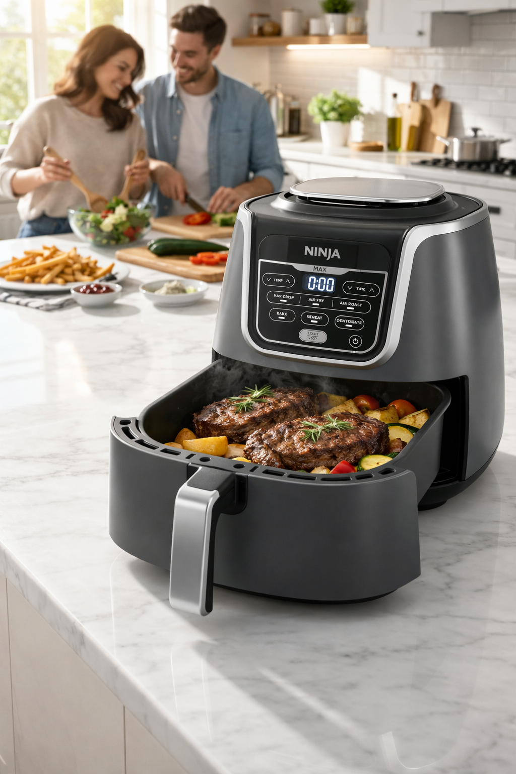 Heißluftfritteuse NINJA AF160 5,2L mit saftigem Fleisch und Gemüse in moderner Küche – gesund kochen ohne Öl bei Elena Home Living