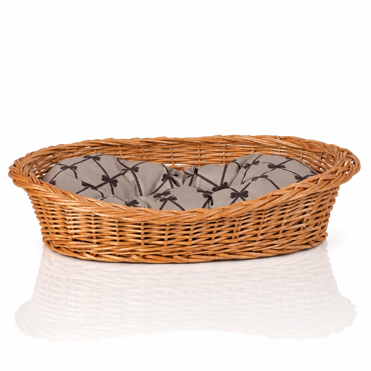 Enovia Hundebett aus Naturweide mit grauem Kissen – 70 × 54 cm