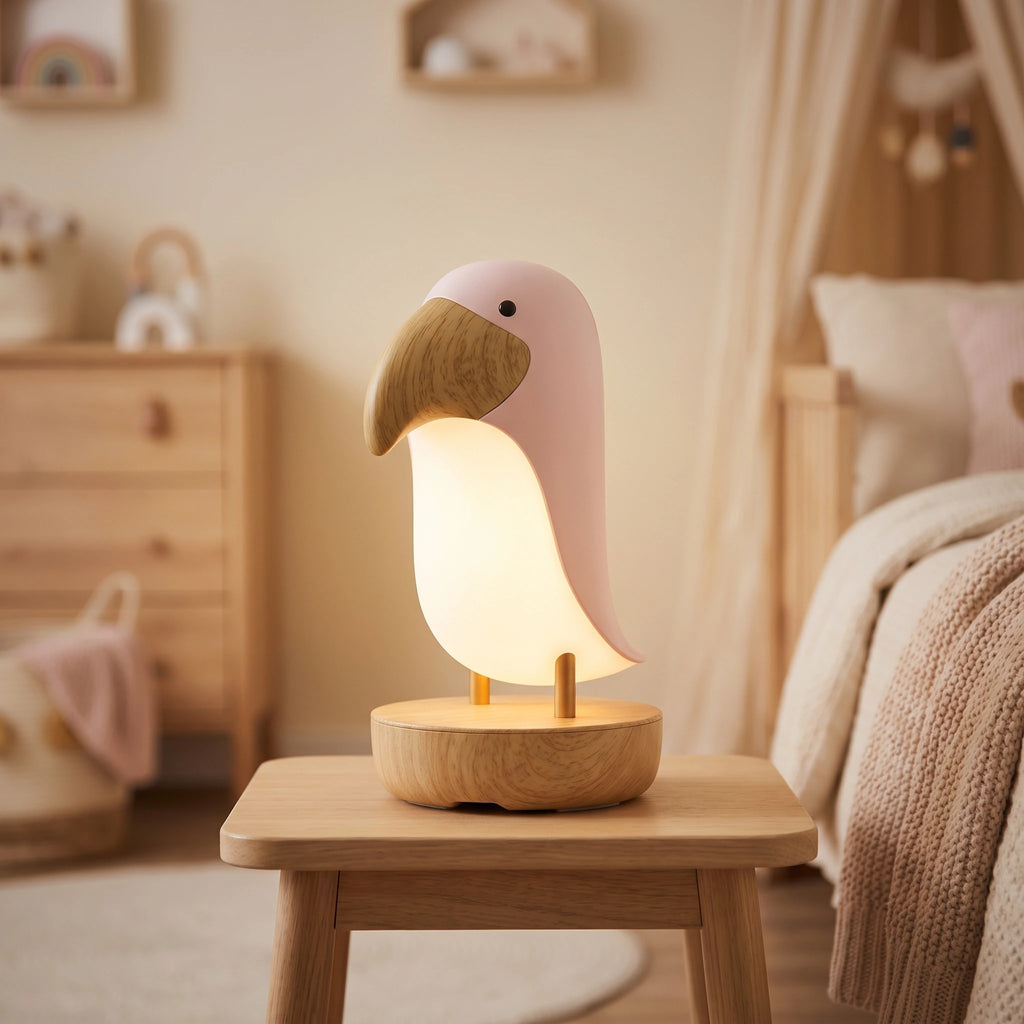 Kinder-Nachtlicht mit Lautsprecher – Rosa Vogel | Erstelle ein hochwertiges, fotorealistisches Hauptbild für einen Premium-Onlineshop im quadratischen Format 1:1 und in 2048 × 2048 Pixel.