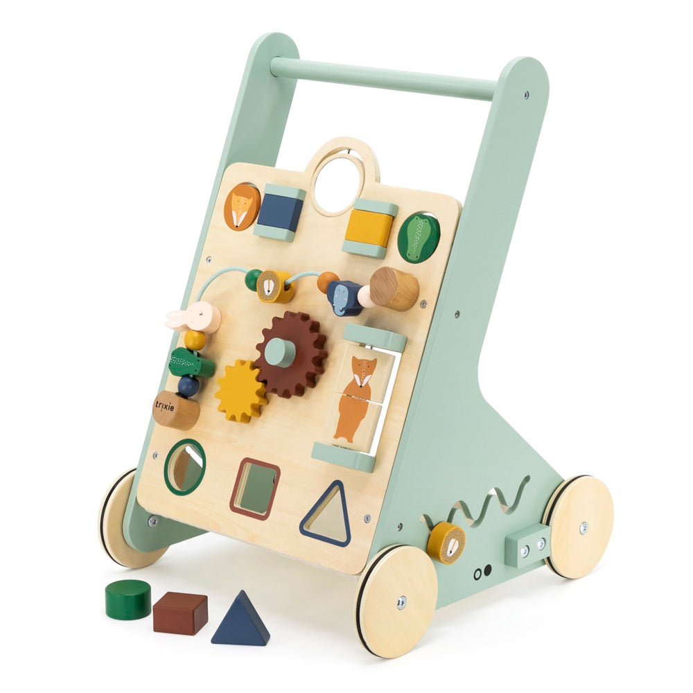 Holz-Lauflernwagen mit Spielelementen und einstellbarer Bremse