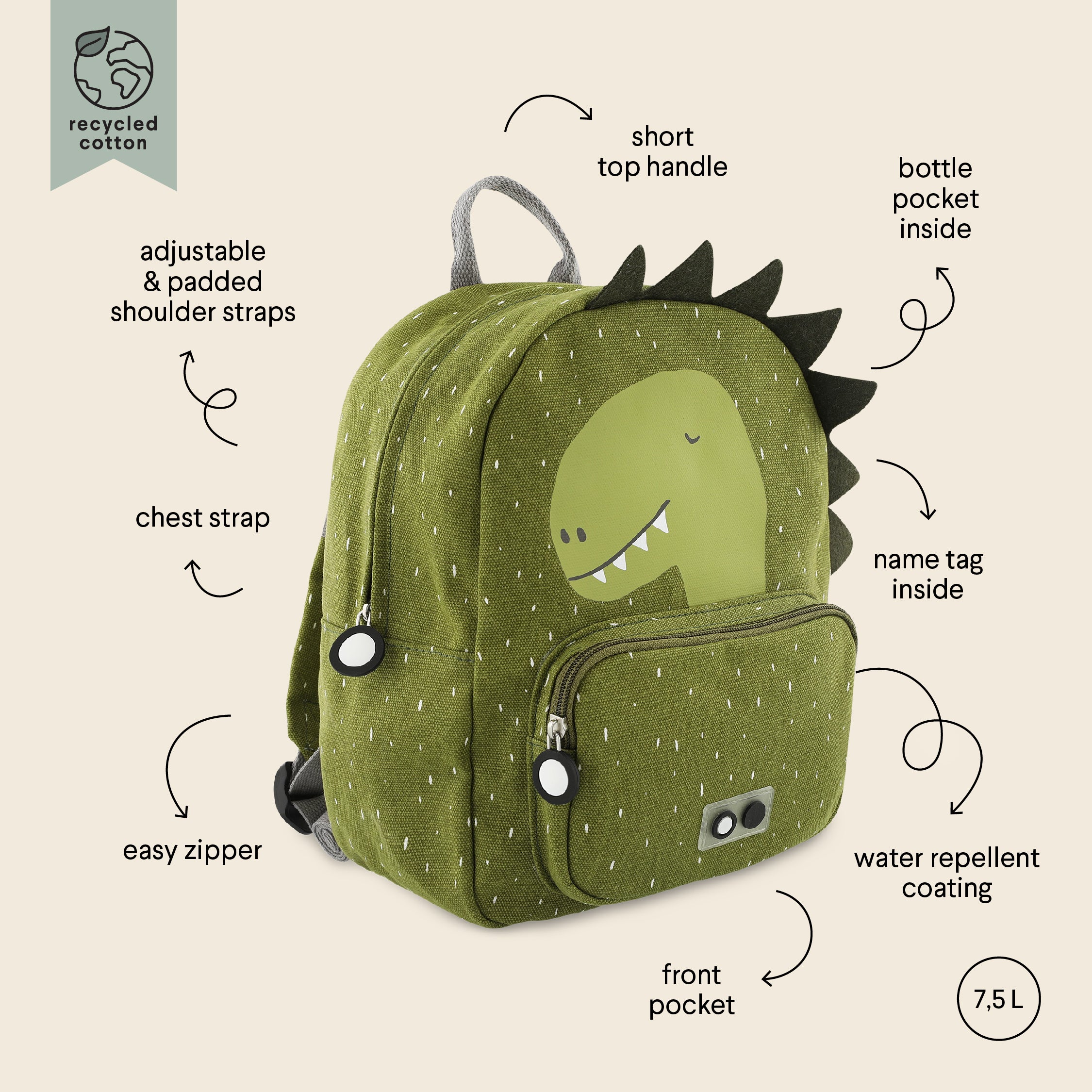 Wasserabweisender Kinder-Rucksack Mr. Dino – Produktansicht
