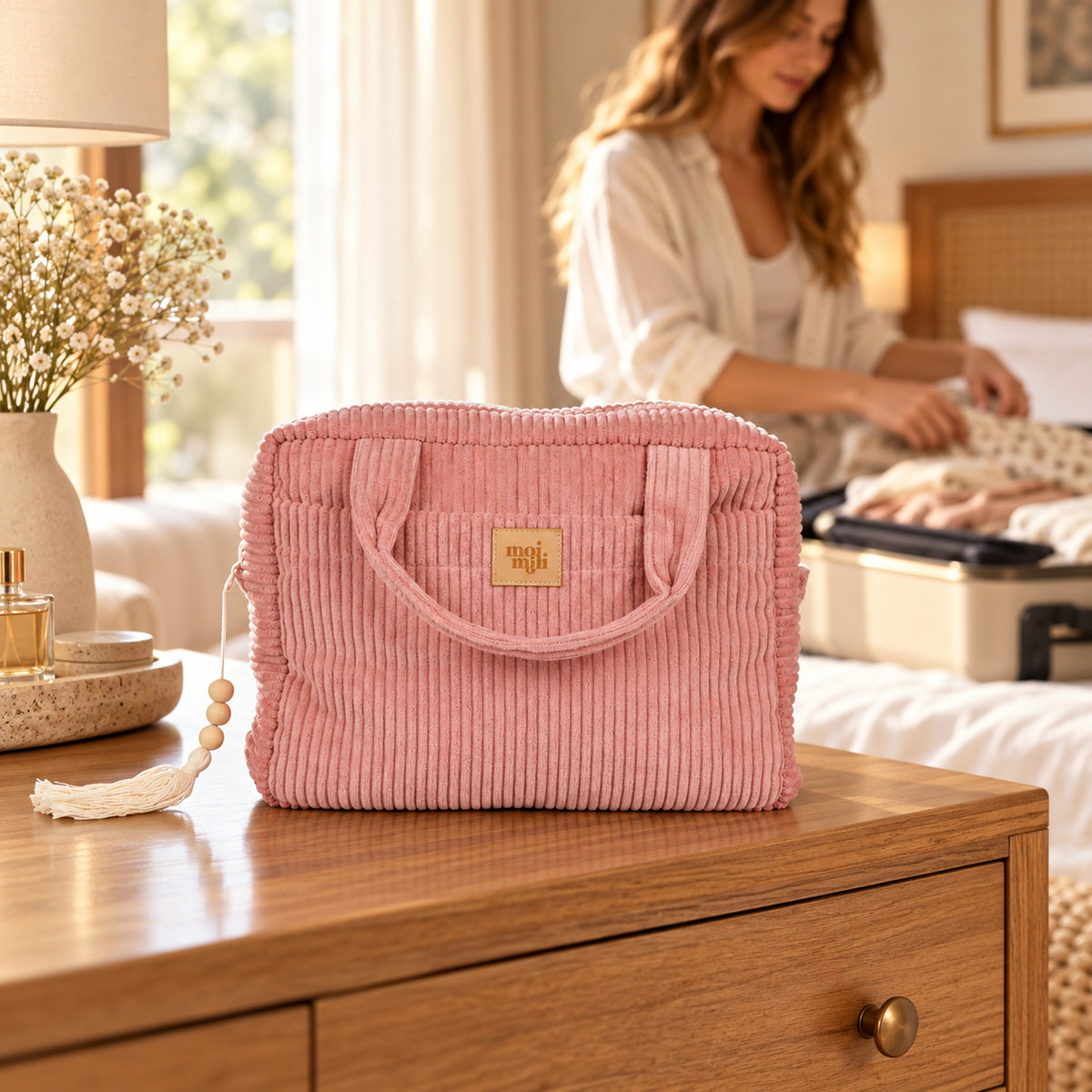 Große Kosmetiktasche Babyrosa aus rosa Cord im Hotelzimmer, Frau packt für die Reise