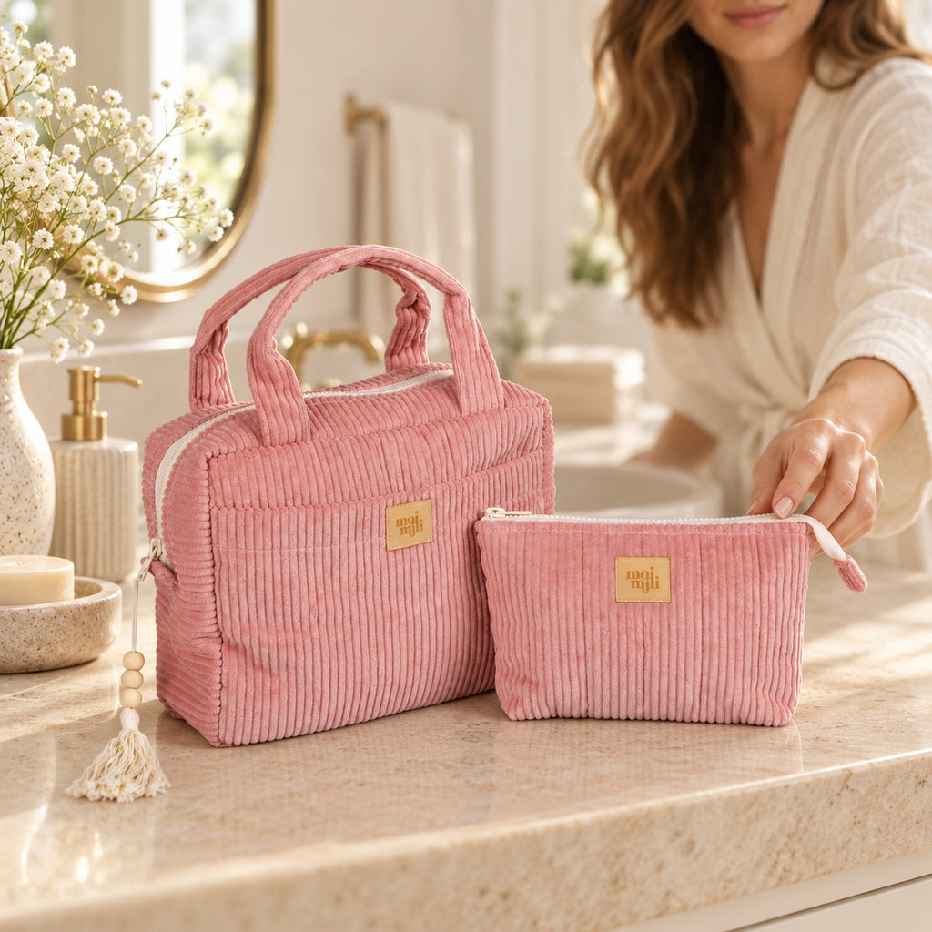 Kosmetiktaschen-Set Babyrosa aus Cord auf dem Waschtisch, Frau greift nach der kleinen Tasche