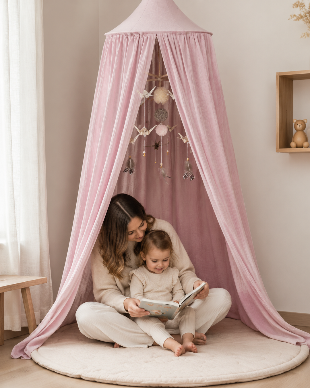 Mutter liest mit Kind unter dem babyrosa Baldachin