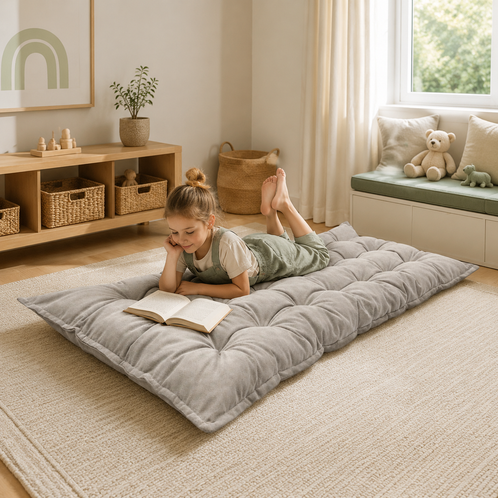 Gestepptes Bodenkissen – Grau im Kinderzimmer – bees&blooms