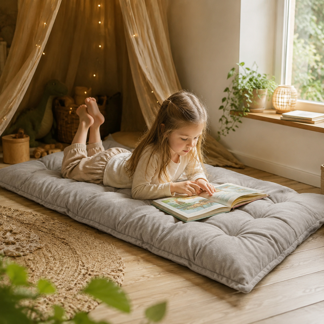 Gestepptes Bodenkissen – Grau in Spiel- und Leseecke – bees&blooms