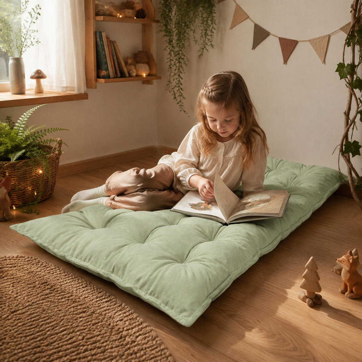 Gestepptes Bodenkissen – Grün in Spiel- und Leseecke – bees&blooms