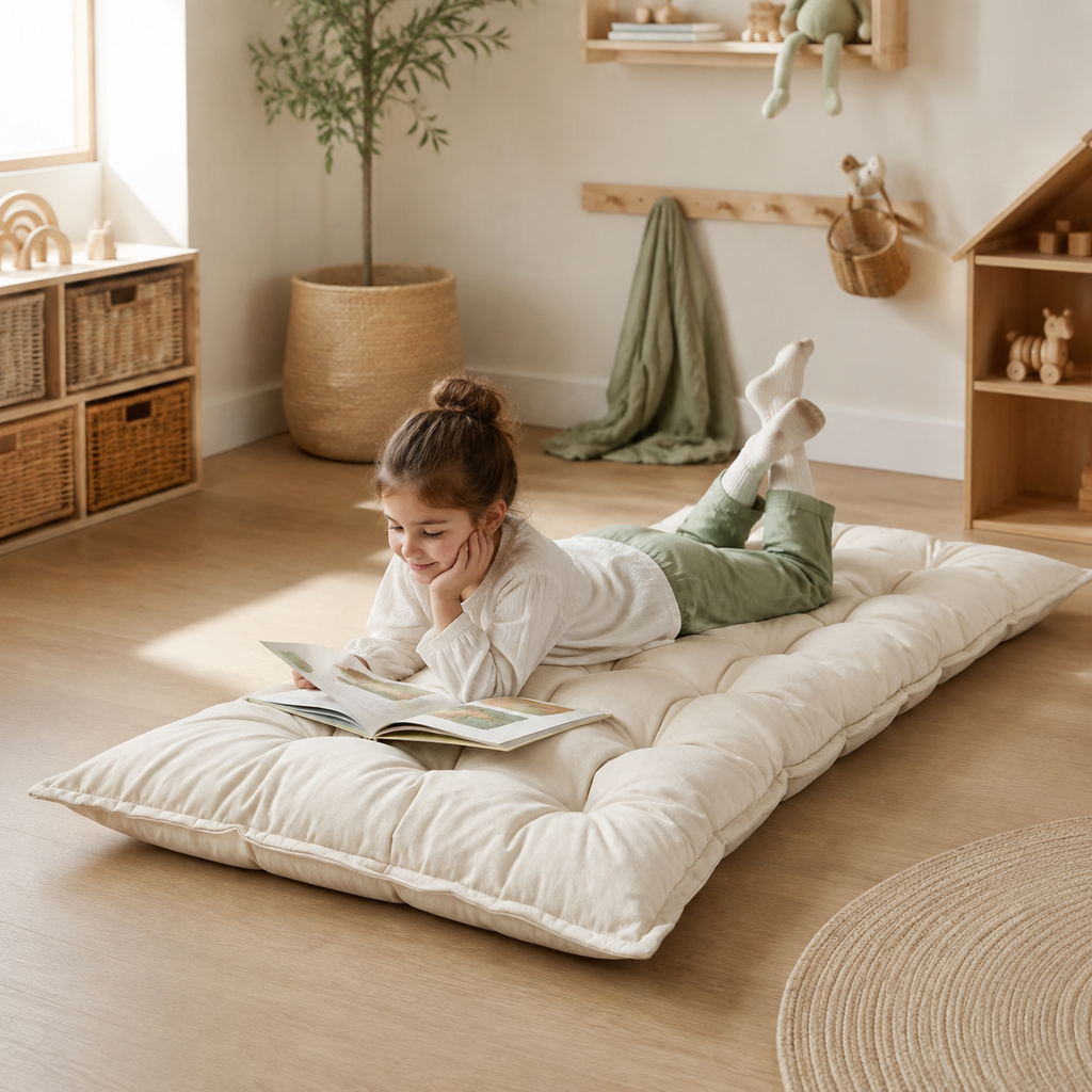 Gestepptes Bodenkissen – Beige im Kinderzimmer – bees&blooms