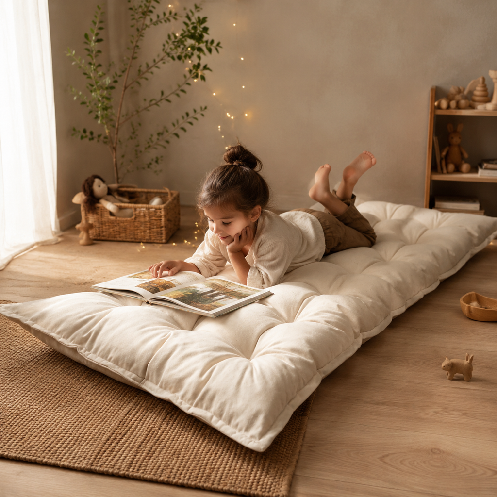 Gestepptes Bodenkissen – Beige in Spiel- und Leseecke – bees&blooms