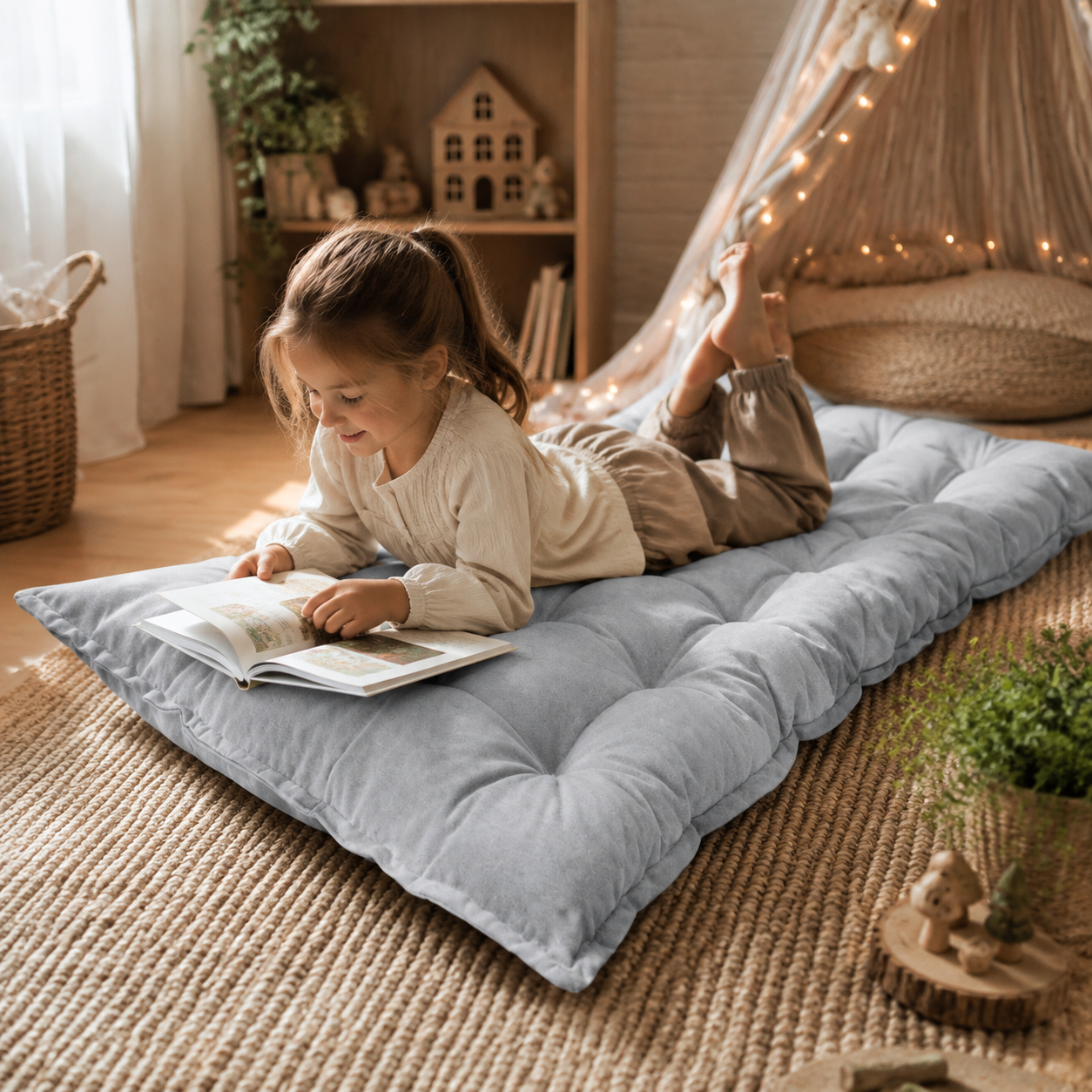 Gestepptes Bodenkissen – Blau in Spiel- und Leseecke – bees&blooms