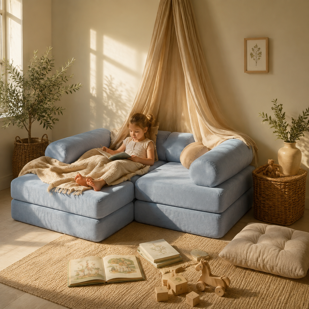 Modulares Spielsofa – Blau in Spiel- und Leseecke – bees&blooms