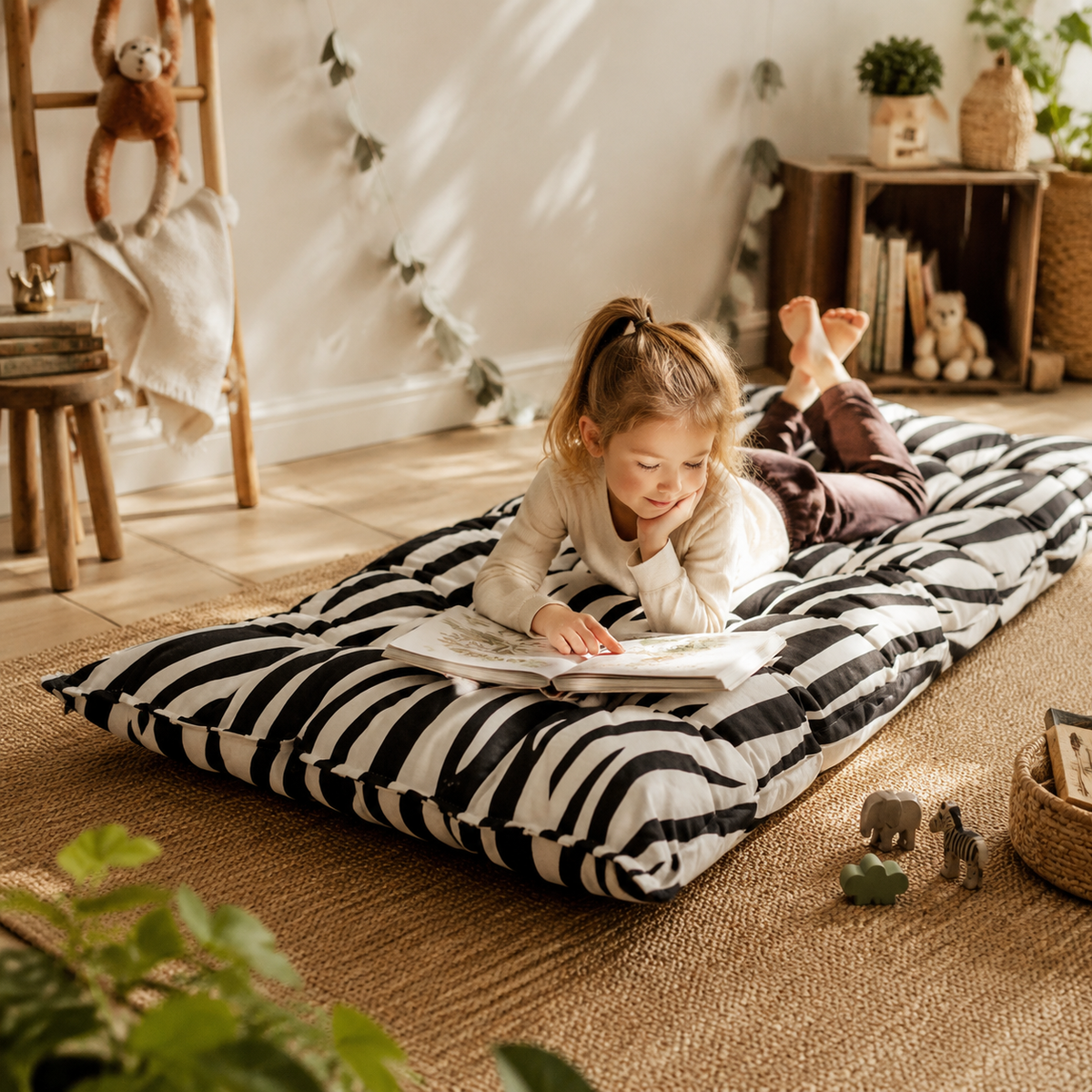 Gestepptes Bodenkissen – Zebra in Spiel- und Leseecke – bees&blooms