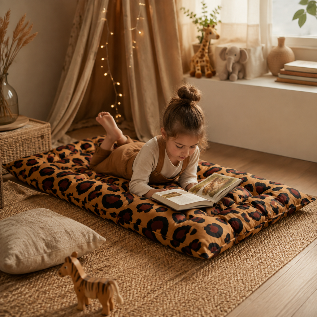 Gestepptes Bodenkissen – Leopard in Spiel- und Leseecke – bees&blooms