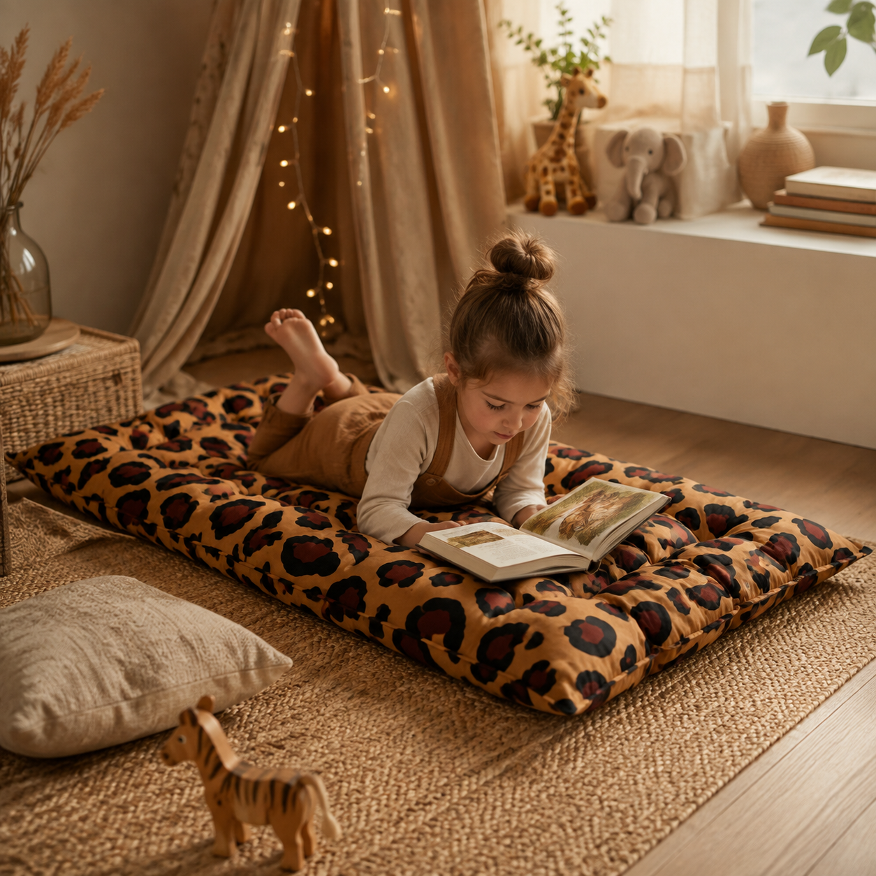 Gestepptes Bodenkissen – Leopard in Spiel- und Leseecke – bees&blooms