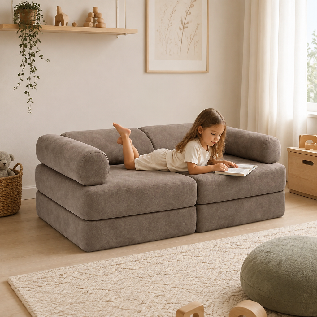 Modulares Spielsofa – Taupe im Kinderzimmer – bees&blooms