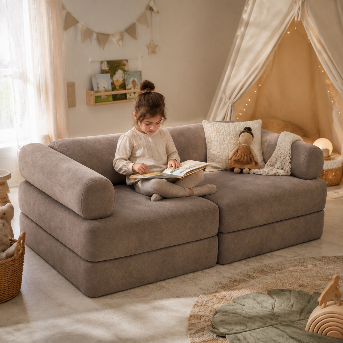 Modulares Spielsofa – Taupe in Spiel- und Leseecke – bees&blooms
