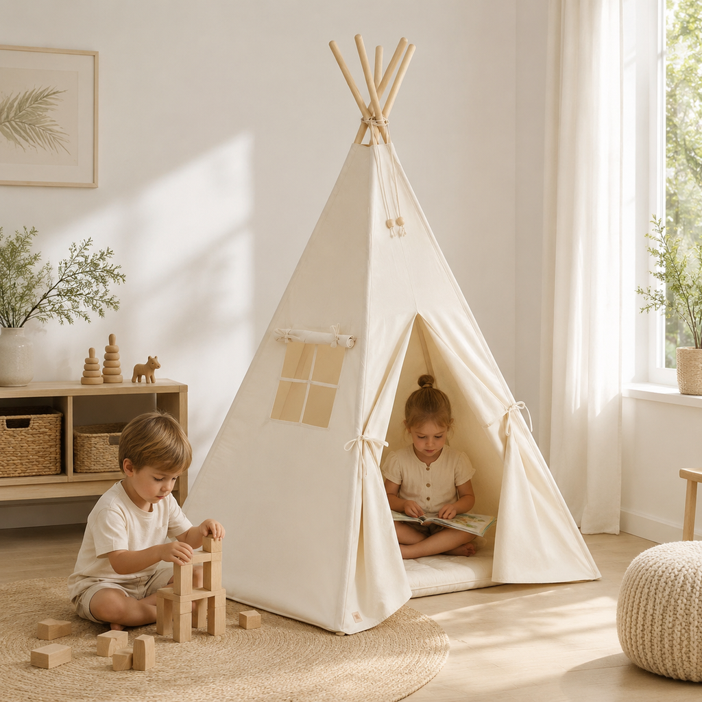 Geschwister spielen am minimalistischen beigen Kinder-Tipi