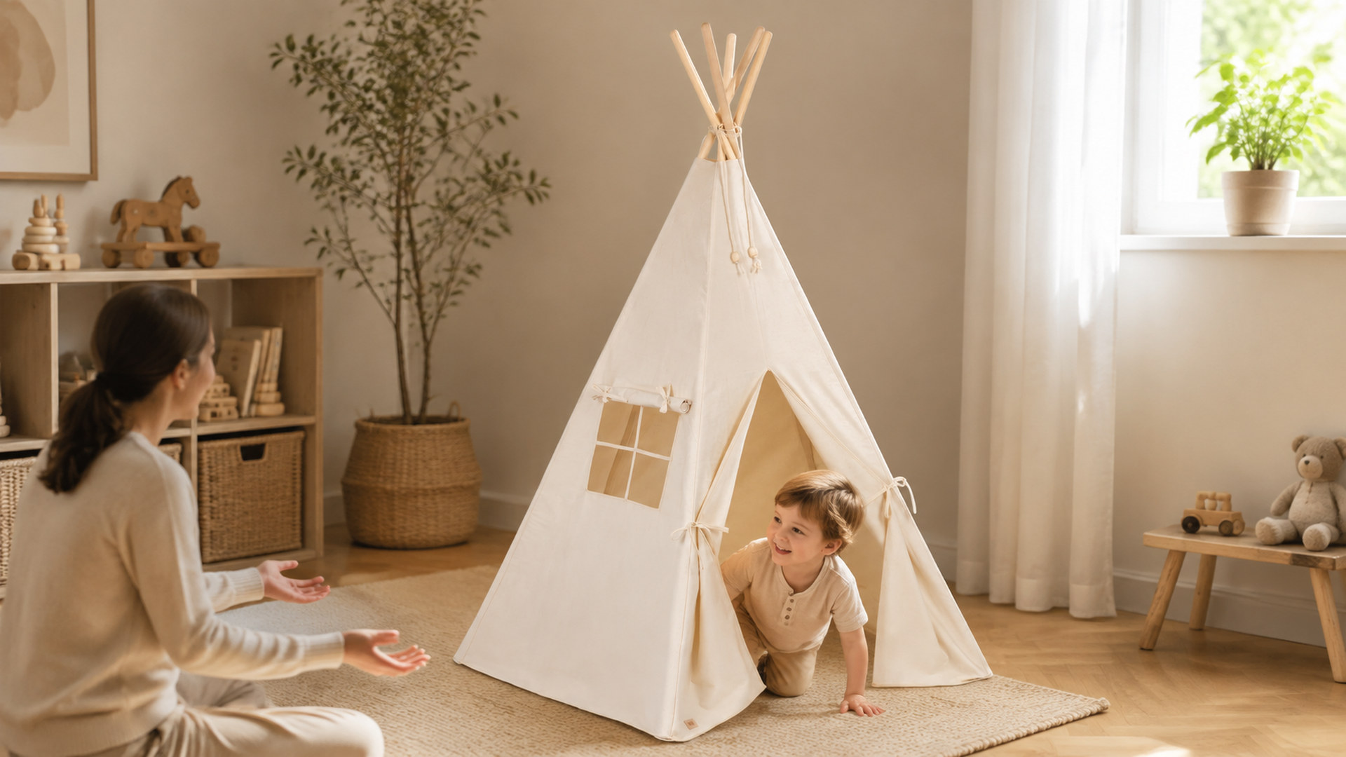 Kind krabbelt aus dem beigen Kinder-Tipi im hellen Spielzimmer