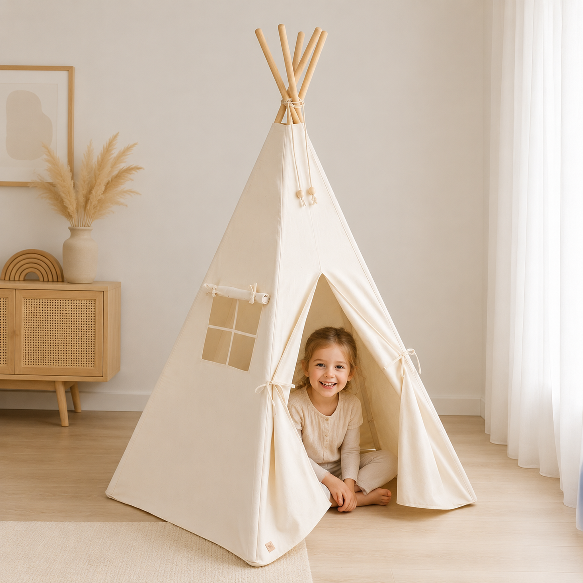 Beiges Kinder-Tipi aus Baumwolle mit Kind im skandinavischen Kinderzimmer