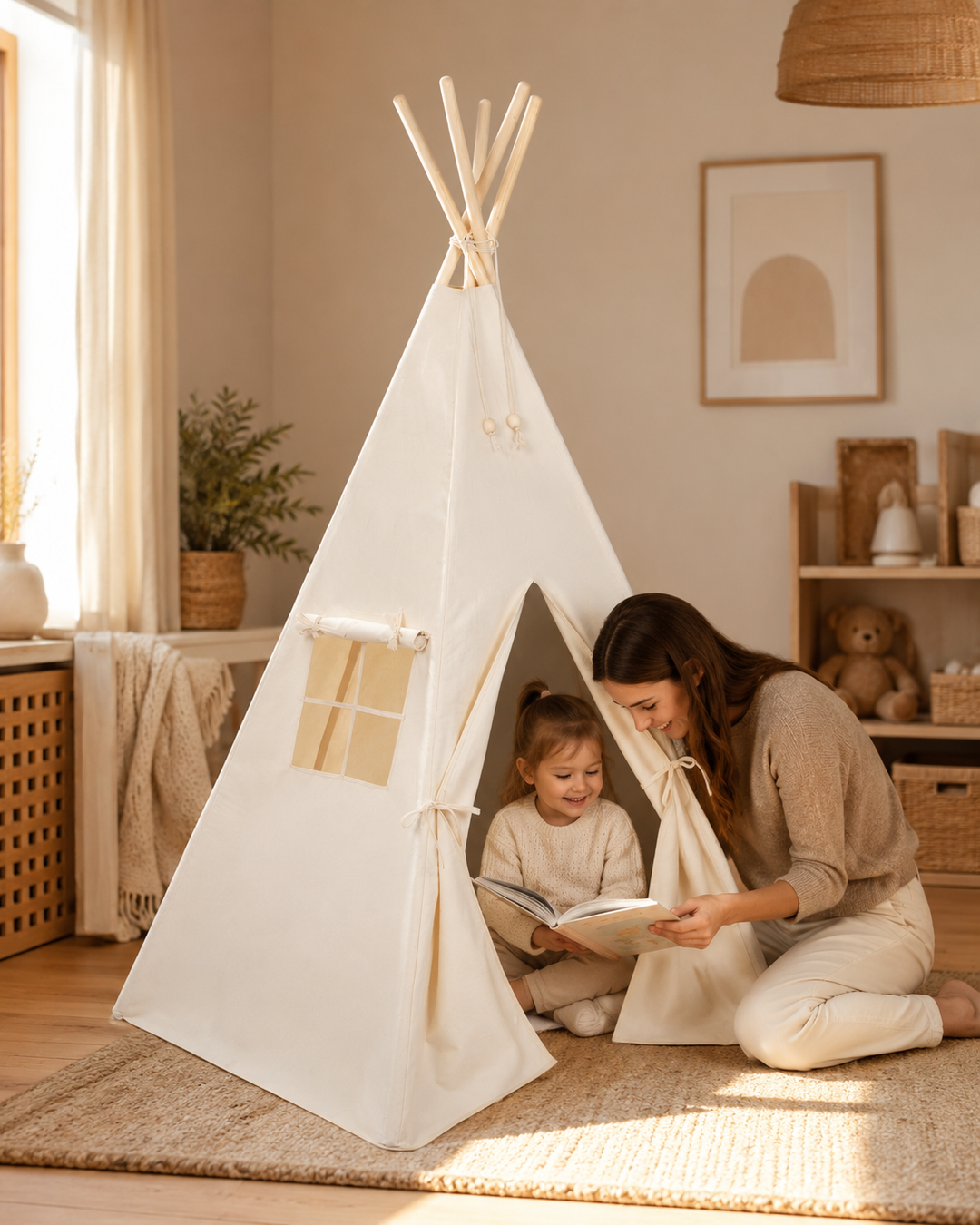 Mutter liest mit Kind am beigen Baumwoll-Tipi