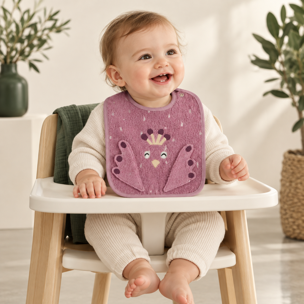 Trixie Baby Bio-Baumwoll-Lätzchen Mrs. Peacock – Baby im Hochstuhl
