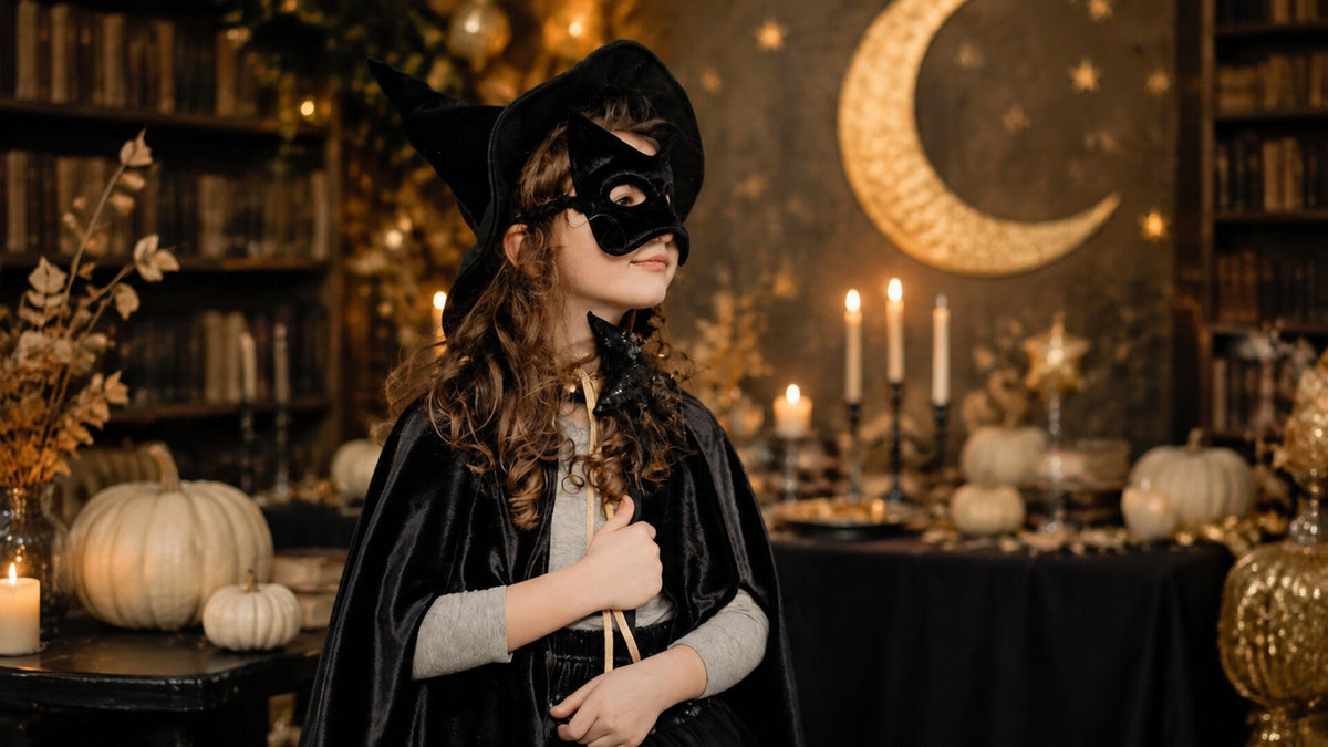 Schwarze Kinder-Katzenmaske bei einer stilvollen Halloween-Feier