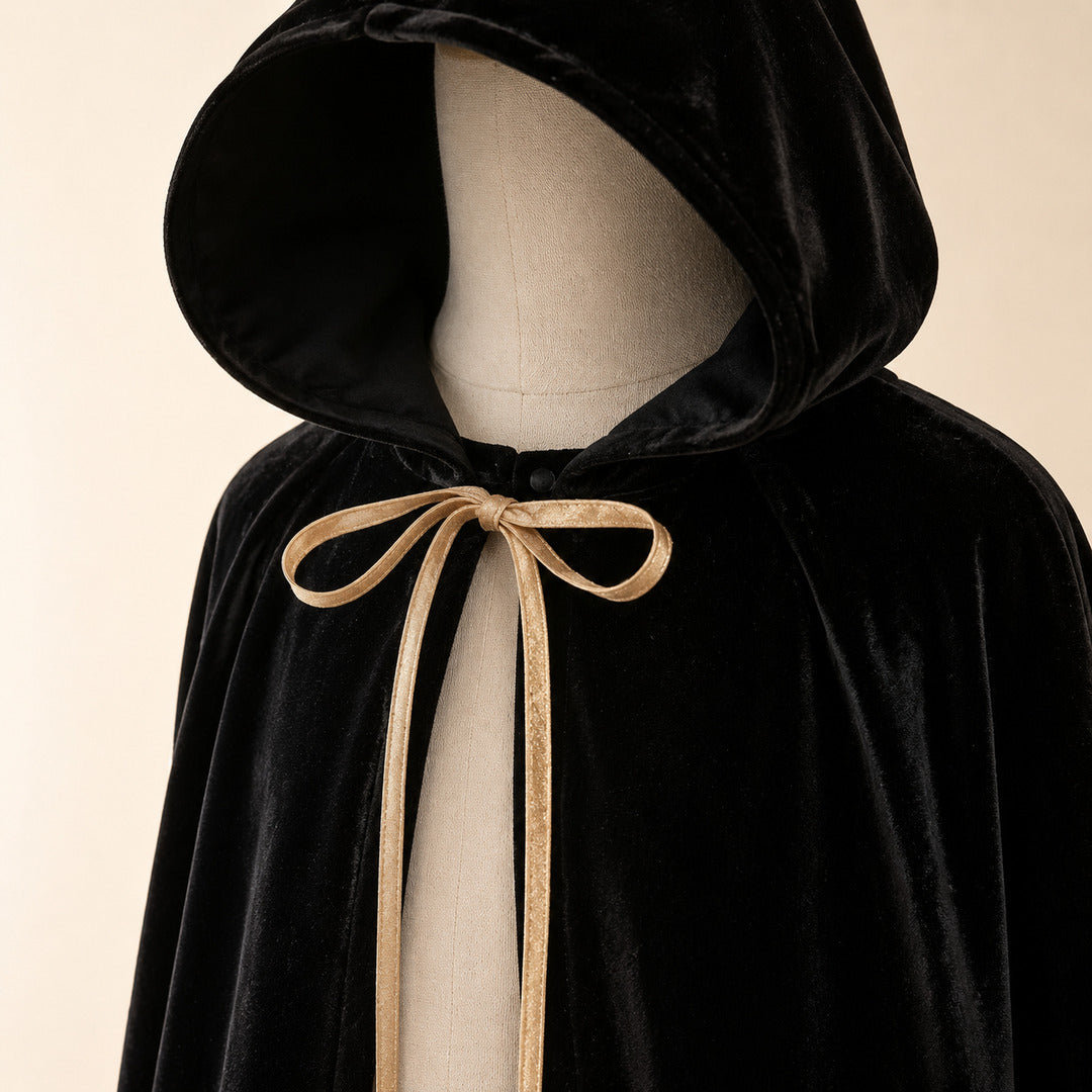 Detail von Kapuze, Goldbändern und schwarzem Velours des Kinderumhangs