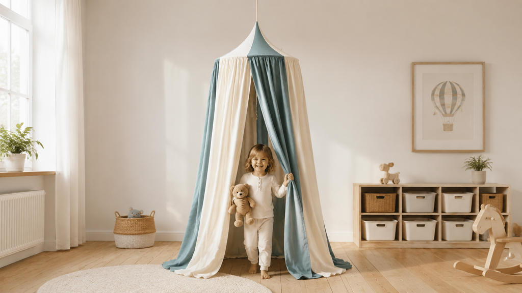 Kind kommt aus dem Blue Circus Kinder-Baldachin