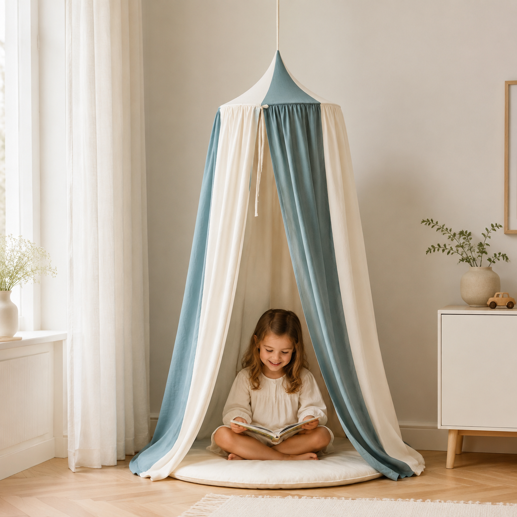 Kinder-Baldachin Blue Circus mit Kind im skandinavischen Kinderzimmer