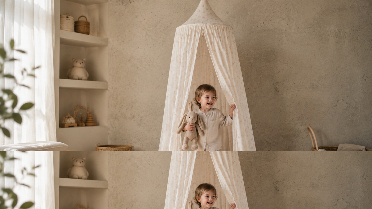 Kind kommt aus dem Boho Flowers Kinder-Baldachin