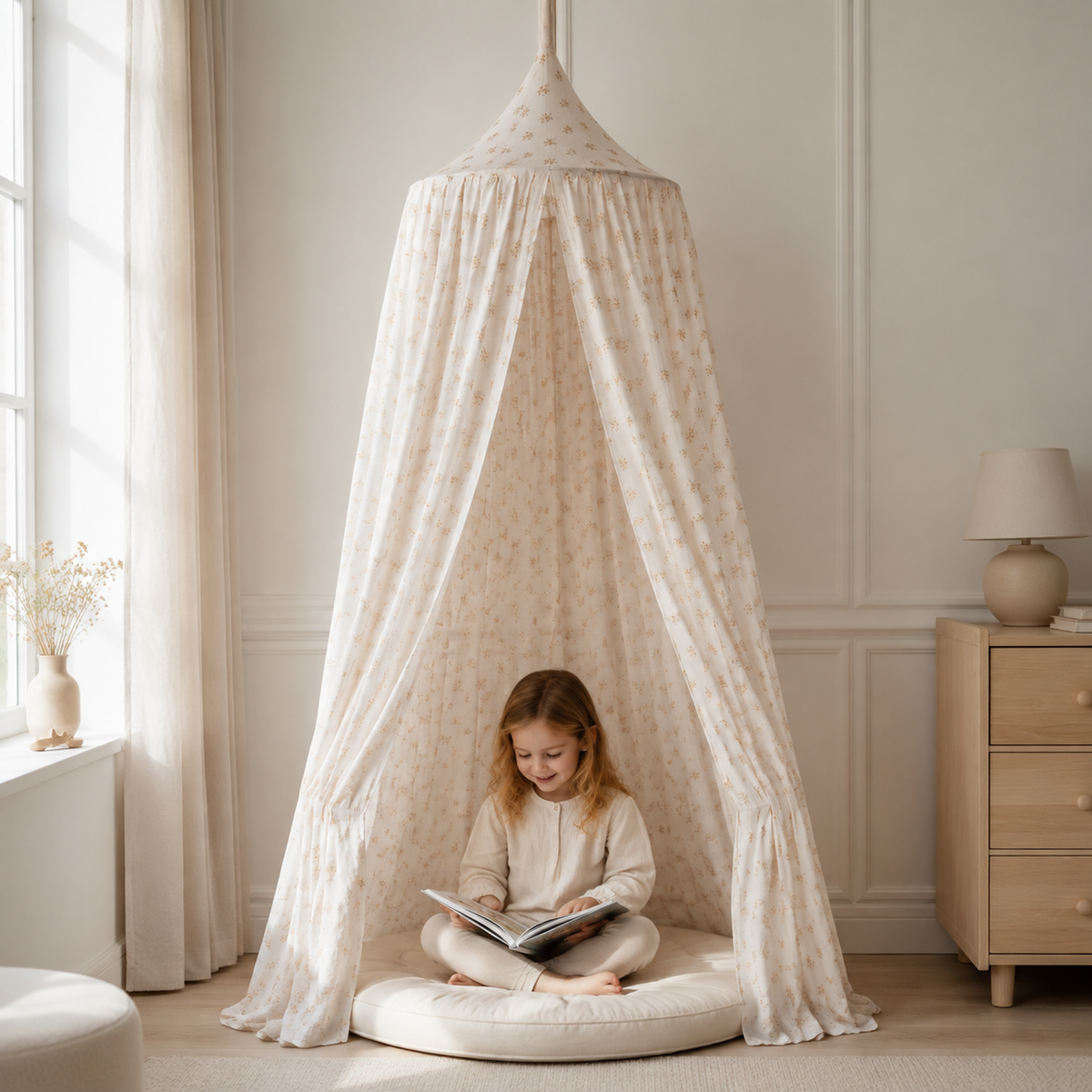 Kinder-Baldachin Boho Flowers mit Kind im skandinavischen Kinderzimmer