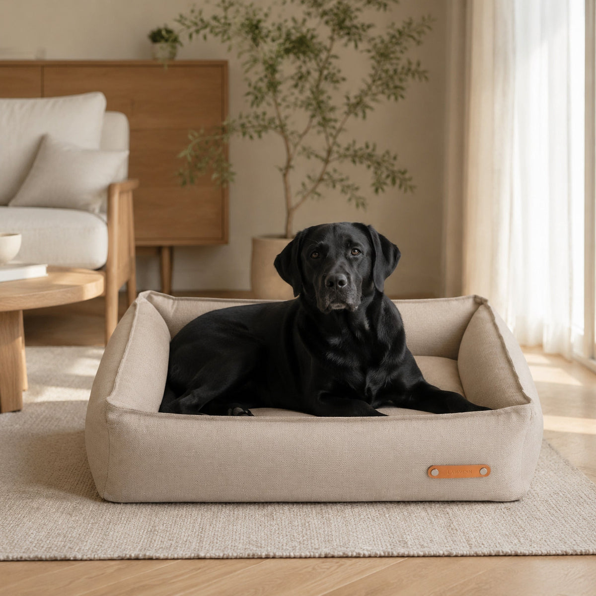 Bosca Hundebett Beige mit schwarzem Labrador im eleganten Wohnzimmer