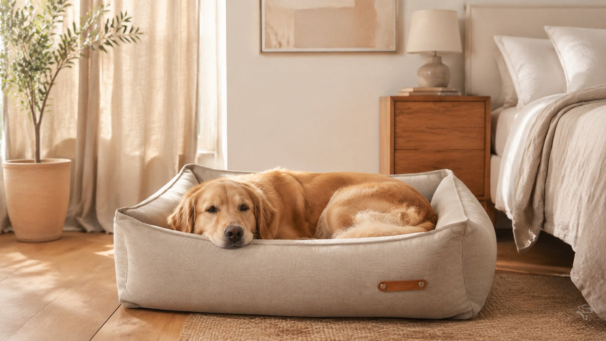 Bosca Hundebett Beige mit Golden Retriever im modernen Schlafzimmer