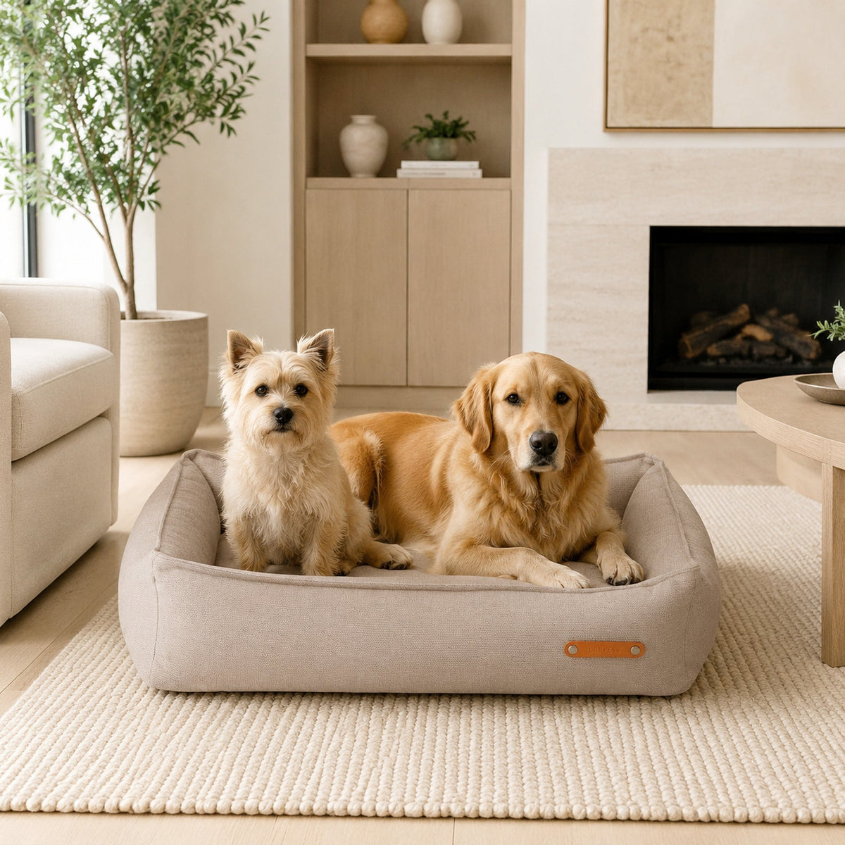 Beiges Bosca Hundebett für zwei Hunde in hochwertiger Wohnatmosphäre