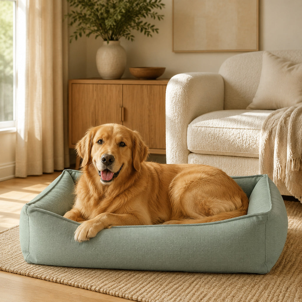 Bosca Hundebett Petrol mit Golden Retriever im stilvollen Wohnzimmer