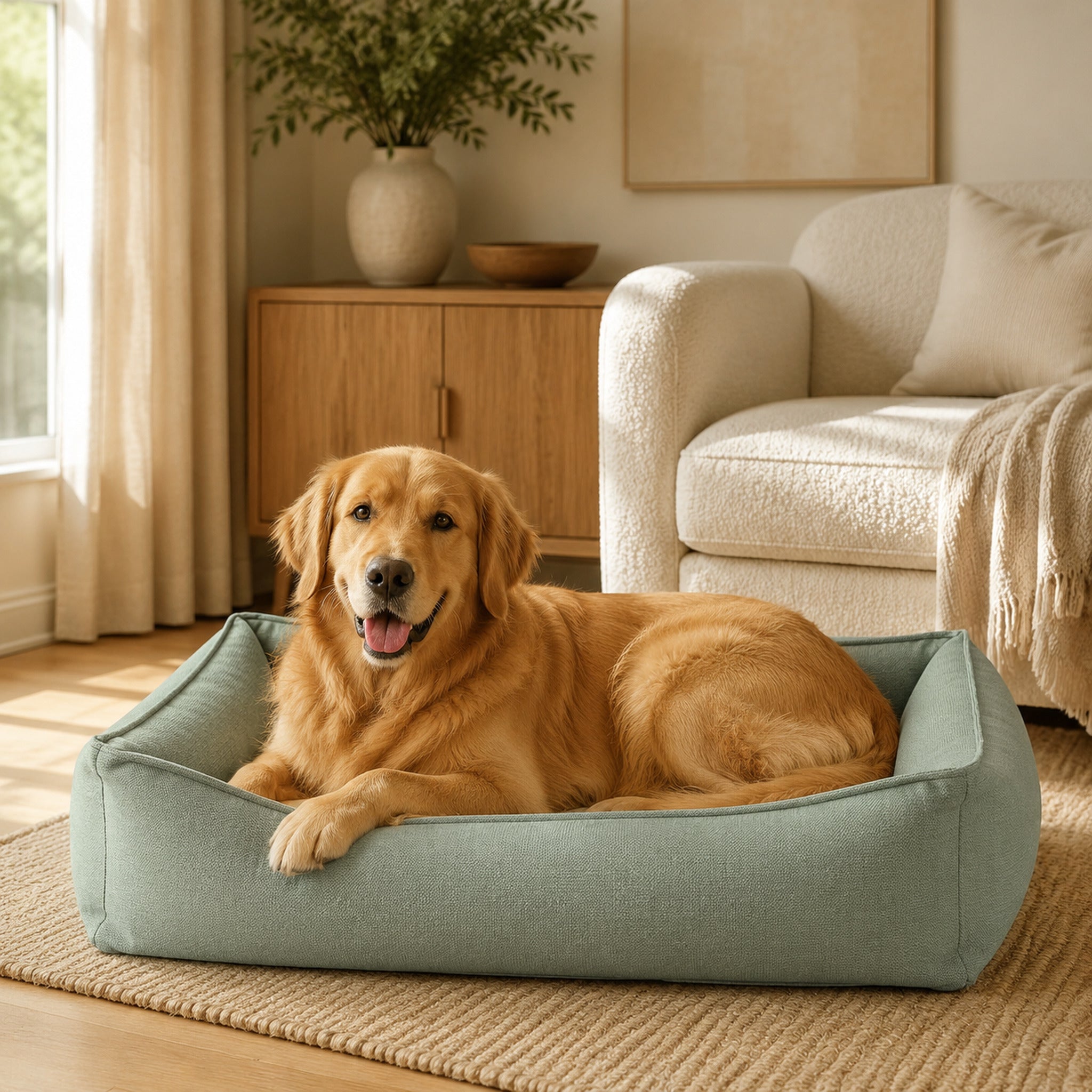Bosca Hundebett Petrol mit Golden Retriever im stilvollen Wohnzimmer
