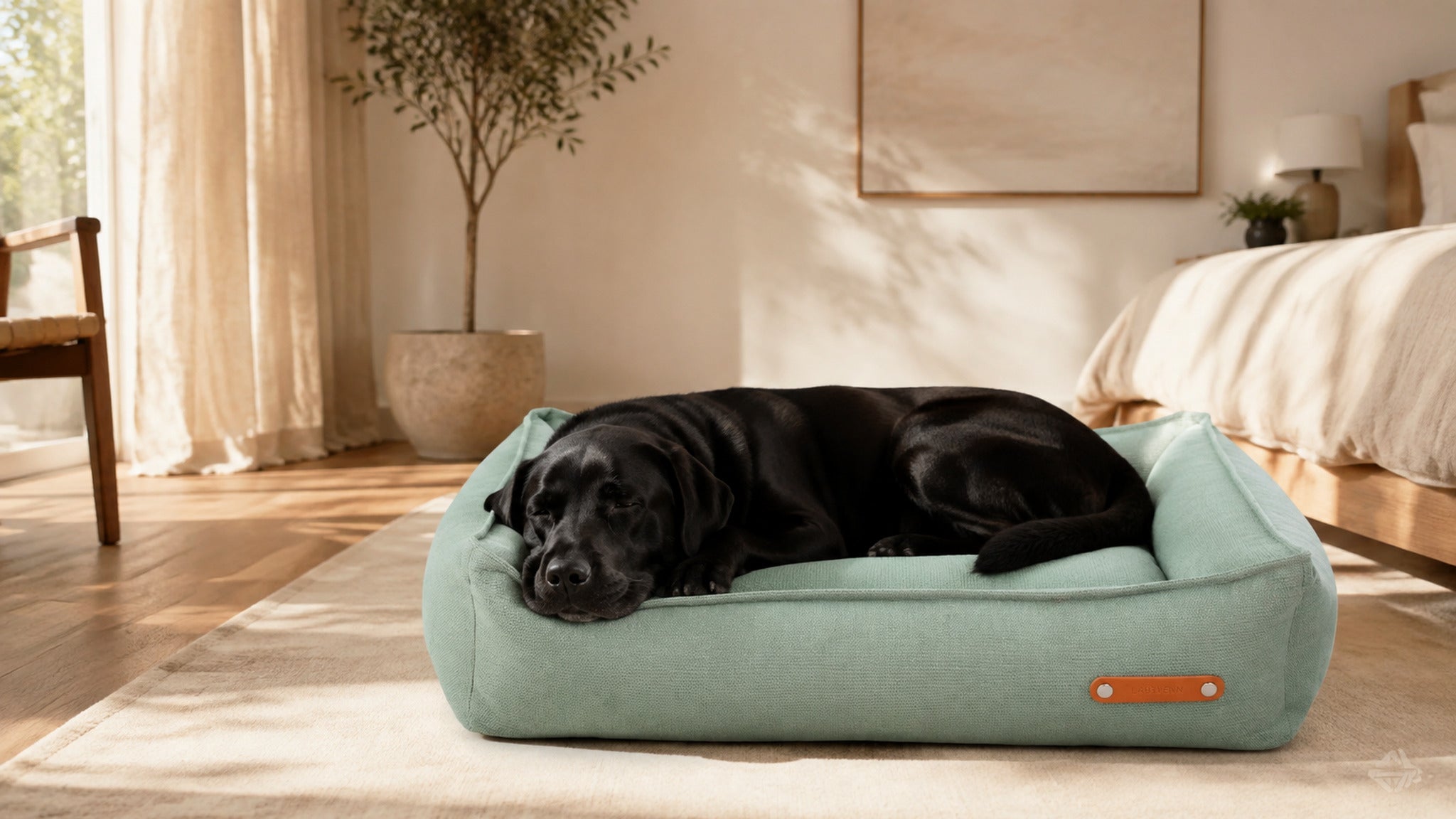 Bosca Hundebett Petrol mit schwarzem Labrador im hellen Premium Interieur