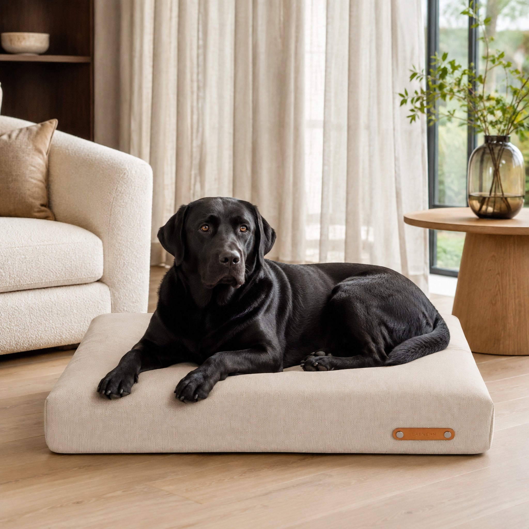 Bosca Hundekissen Beige mit Labrador im stilvollen Wohnzimmer