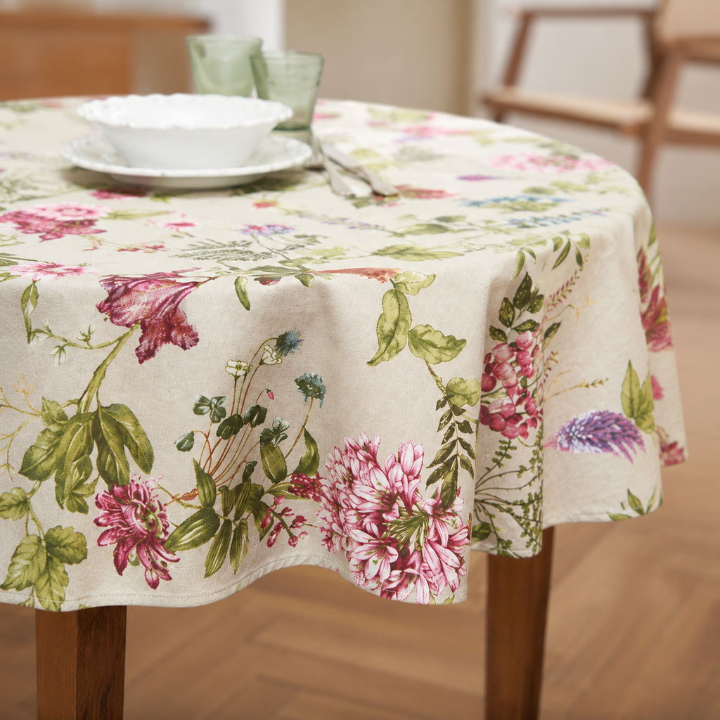 Runde Tischdecke Botanico – Detail von Stoff, Saum und Blumenmuster